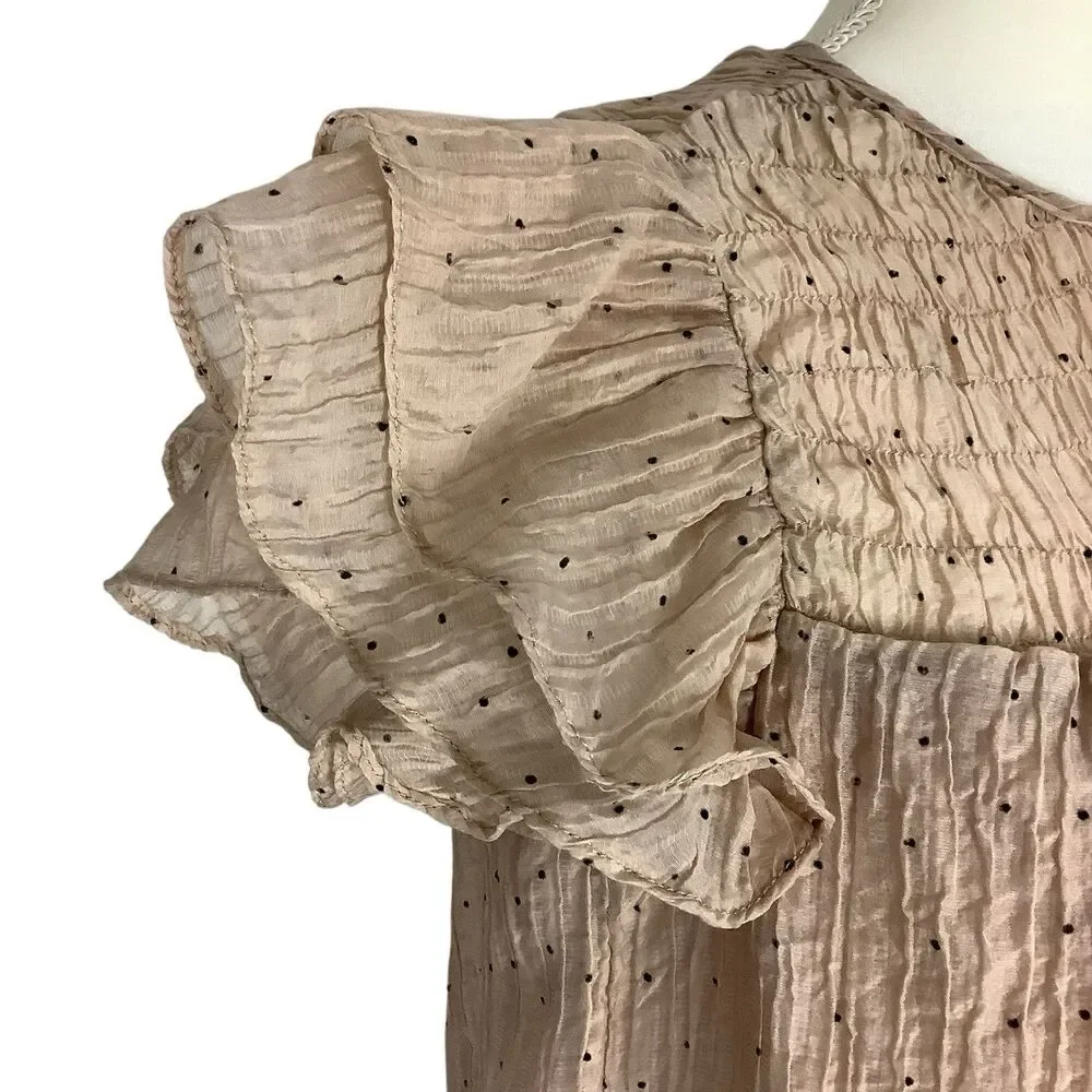 Women M Smocked Flutter Sleeve Mini Knee Dress Tan Dot Sheer Chifon Kawaii Fairy